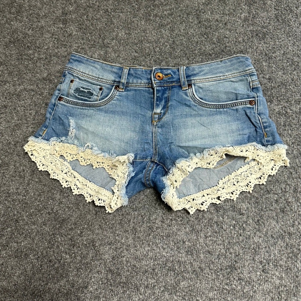 Superdry Denim Shorts Womens Size 26 Blue Crochet Lace Trim Distressed Cutoff